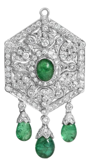 18K 2 3/4 Cttw Diamond and Emerald Dangle Art Deco Shield Brooch Pin Pendant (G-H Color, VS1-VS2 Clarity) CHAIN NOT INCLUDED