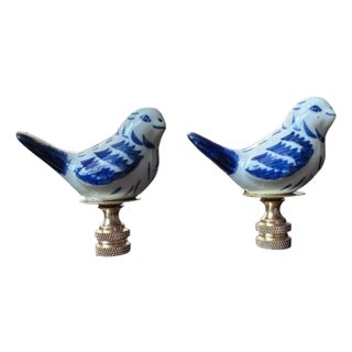 Blue and White Porcelain Bird Lamp Finials - Pair For Sale