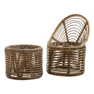 Set of Rattan and Bamboo Chair and Ottoman, 1970s For Sale