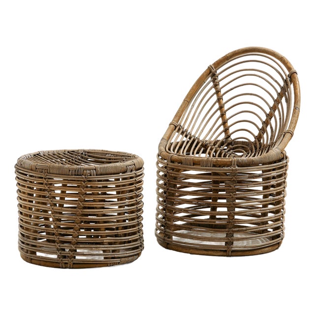 Set of Rattan and Bamboo Chair and Ottoman, 1970s For Sale