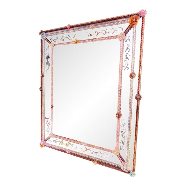 Italian Men and Women Murano Style Glass Floreal Hand-Carving Mirror For Sale