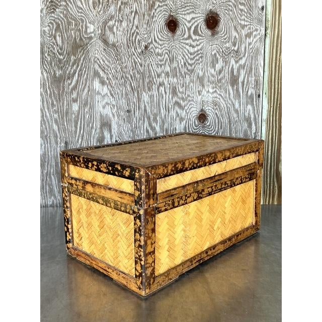 Vintage Boho Parquet Rattan Lidded Box For Sale - Image 4 of 11