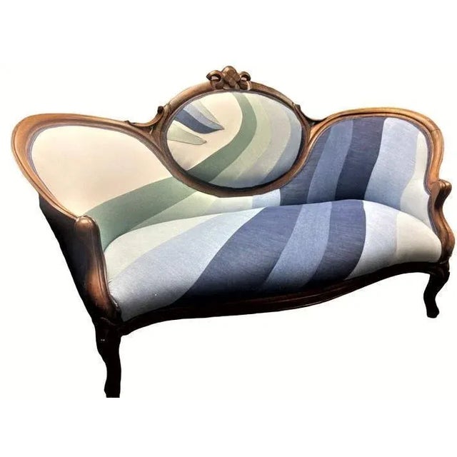 Mid 20th Century Mid 19th Century Walnut and Burlwood Parlor Medallion Sofa Reupholstered in 'New Wave' Design For Sale - Image 5 of 11