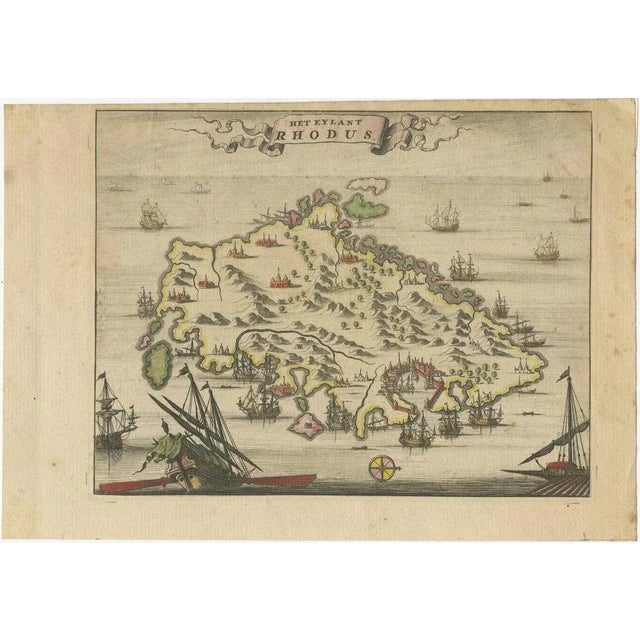 1687 Engraved View of Rhodes by O. Dapper – Hand-Colored Island of Rhodus This original antique print is a beautifully...