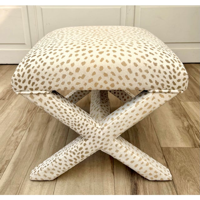 Hollywood Regency Vintage X-Frame Stool in Cream & Tan Animal Print Upholstery For Sale - Image 3 of 10
