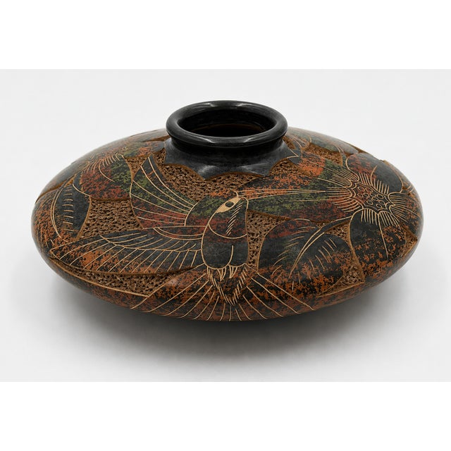 2000 - 2009 Nicaraguan Carved Hummingbird Studio Art Pottery Vessel by Jose Guerrero For Sale - Image 5 of 16