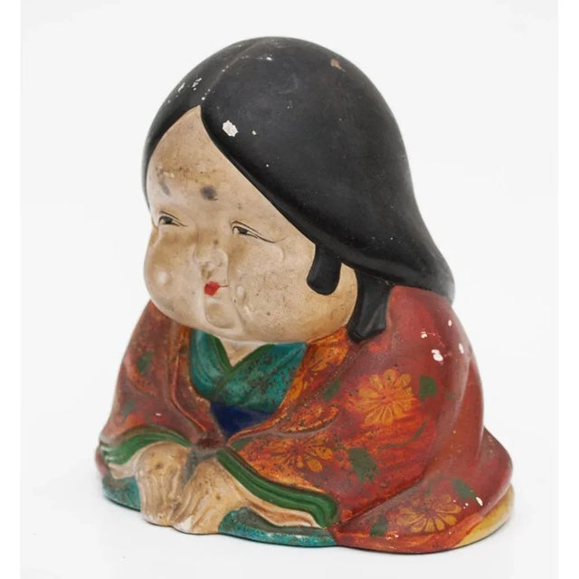 Meiji Era Otafuku Girl Figurine on Wood Stand For Sale - Image 11 of 13
