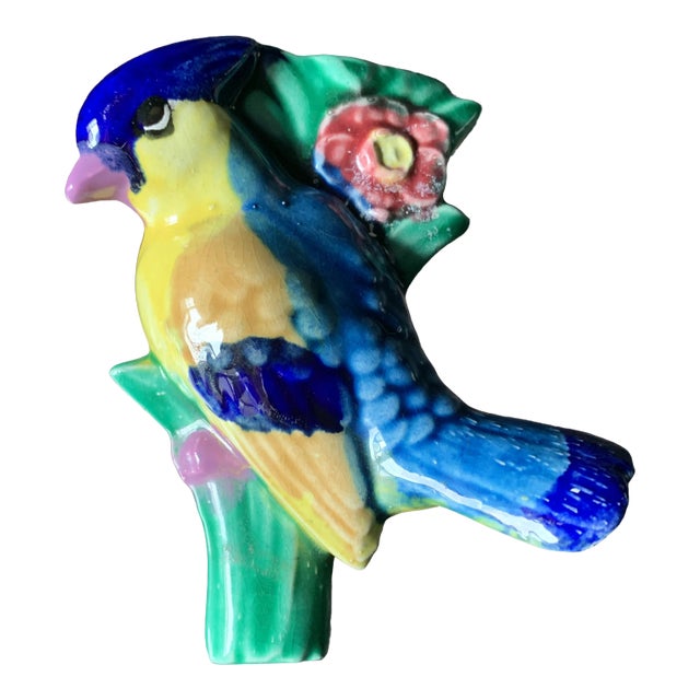 Vintage Mid-Century Glazed Majolica Bird Japanese Wall Pocket Vase For Sale