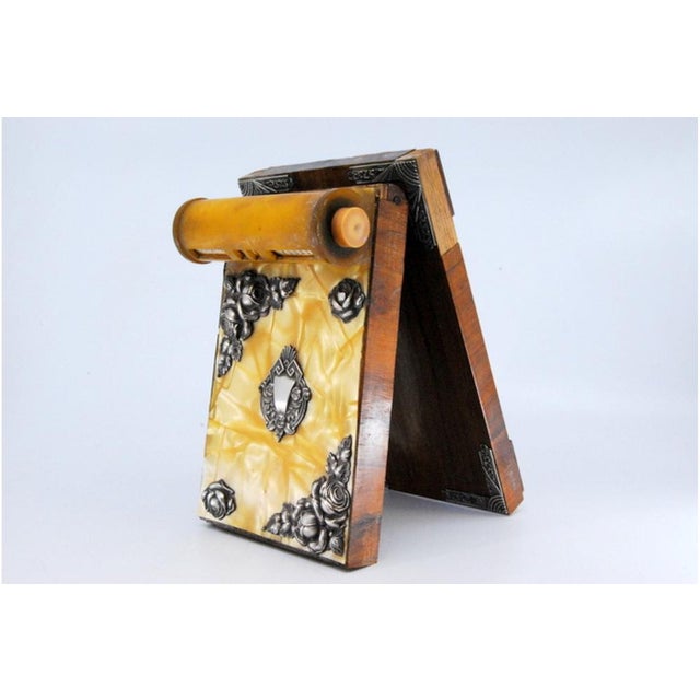 Metal Wooden and Bakelite Notepad Holder with Silver Applications For Sale - Image 7 of 12