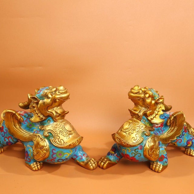 Metal Late 19th Century Pair of Cloisonné Enamel Guardian Lion Figurines, 4890g Total, Gilt Bronze For Sale - Image 7 of 10