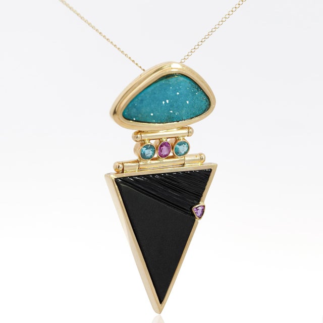 Mid-Century Modern Paraiba Tourmaline and Onyx in 14k Retro Drop Pendant Necklace For Sale - Image 3 of 5