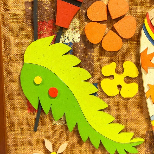 1960s Rare 1960s MCM Tropical Hula Girl Hand Cut Wood 3d Wall Sculptural Framed Art For Sale - Image 5 of 14