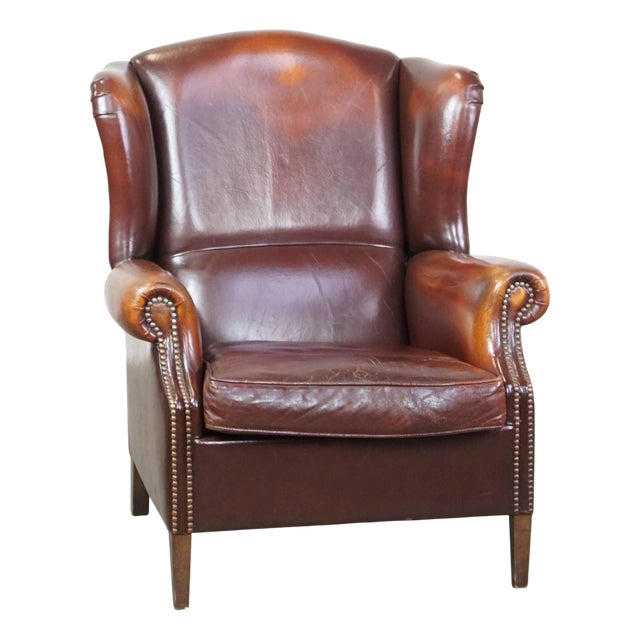English Dark Leather Wing Chair For Sale