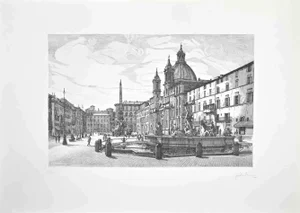 Giuseppe Malandrino, View of Piazza Navona, Etching, 1970s