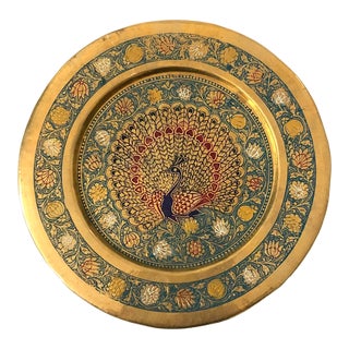 Vintage Etched Brass Peacock Tray or Wall Hanging For Sale
