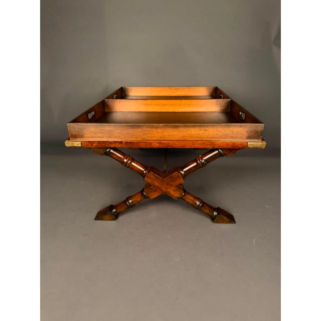 Late 20th Century Vintage Campaign Style Mahogany Coffee Table With Removable Leather-Lined Trays & Brass Accents, Circa 1980 For Sale - Image 5 of 13