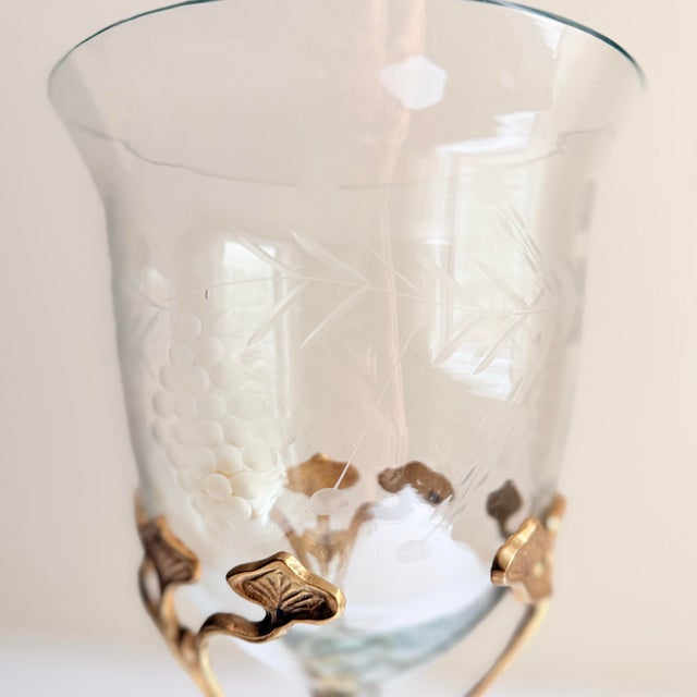 Antique Art Nouveau Brass Tripod Hurricane Candleholder With Etched Glass Shade — Ginkgo & Calla Lily Motif, Circa 1900–1910 For Sale - Image 4 of 12