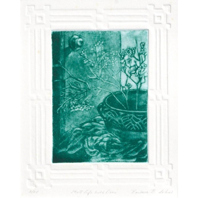 Limited edition monochrome cyan drypoint etching of a potted plant and door by Barbara Cohn (American, 1923-2019)....