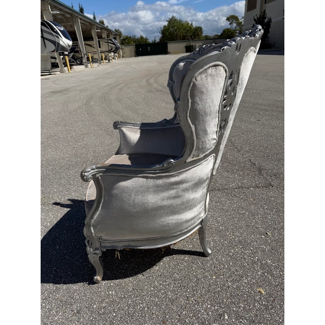 Vintage Painted Silver Leaf Upholstered Wingback Chair For Sale - Image 4 of 14