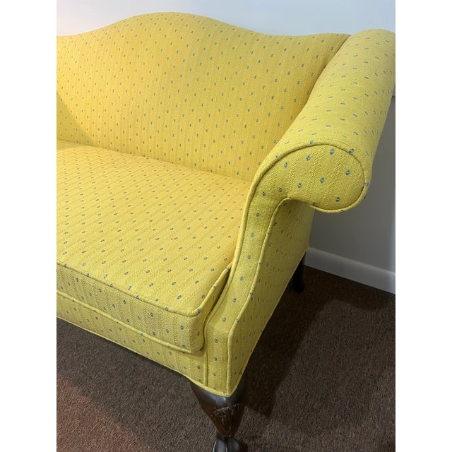 Victorian Early 20th Century Chippendale Style Camel Back Mahogany Footed Loveseat Sofa Newly Upholstered For Sale - Image 3 of 12