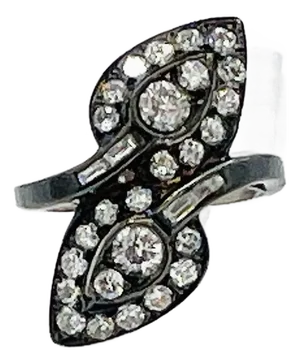 White Round & Baguette Diamond Leaves Bybass Ring in Black Rhodium & 14k Gold, Size 6