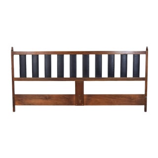 Vintage Mid-Century Modern Grained Walnut Faux Leather King Size Headboard For Sale