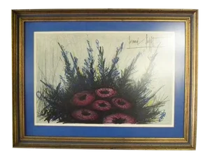 Mid 20th Century "Ensemble Floral" Modernist Still Life Offset Lithograph After Bernard Buffet, Framed