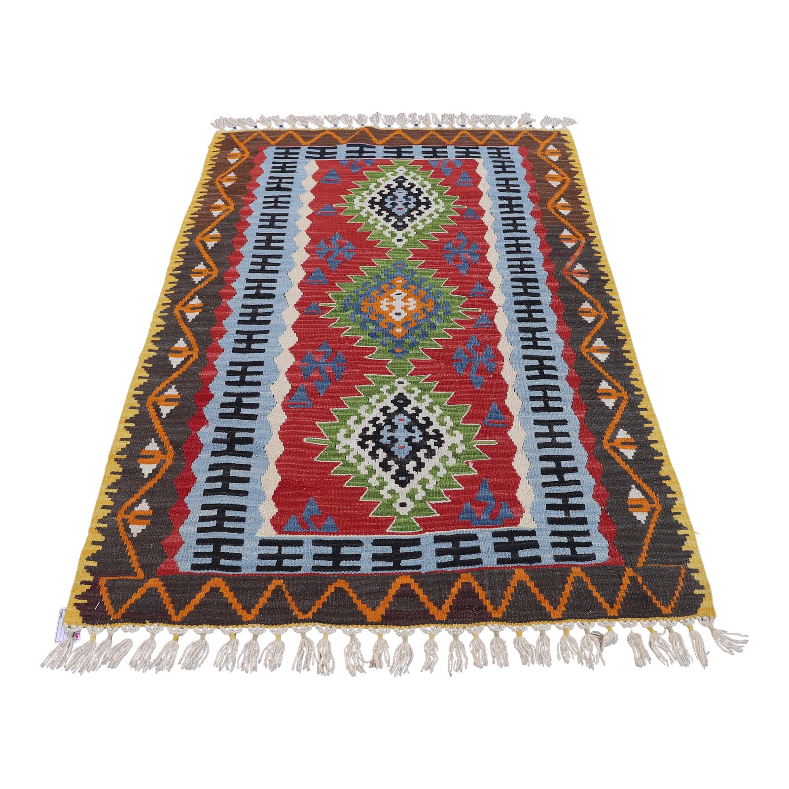 1970s Mid-Century Modern Burgundy and Green Kilim Rug | Chairish