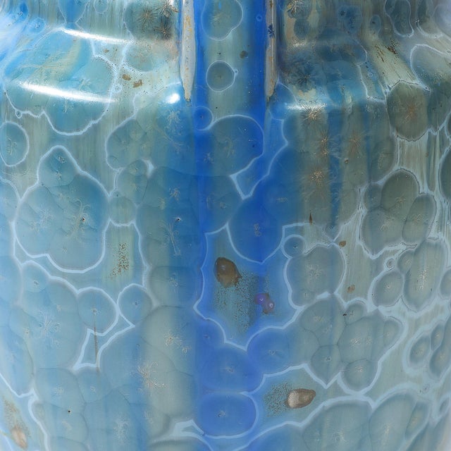 Art Deco Skyscraper Style Speckled Organic Blue Ceramic Vase Signed Pierrefonds For Sale - Image 12 of 13