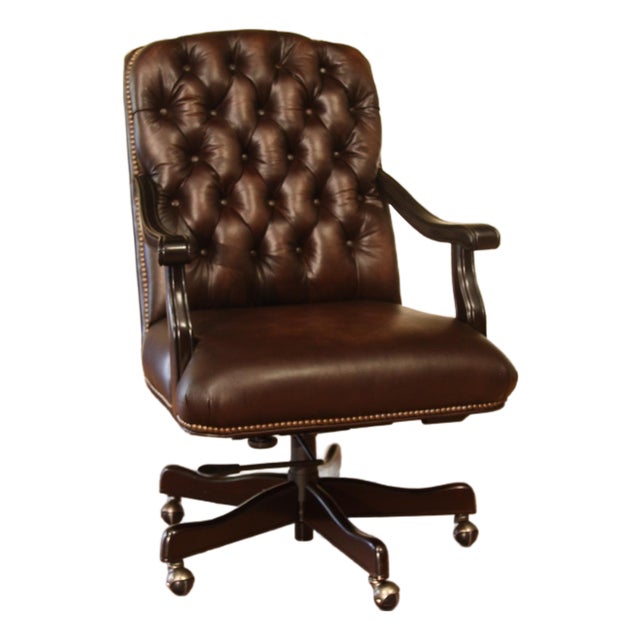 Tufted Brown Leather Executive Swivel Chair With Brass Nailhead Trim and Casters For Sale