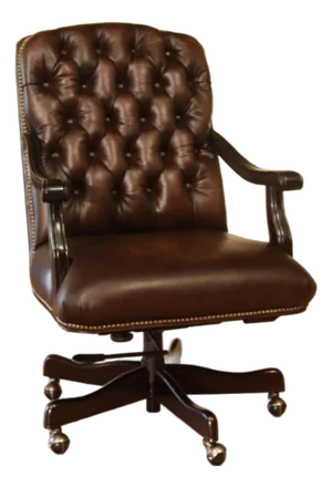 Tufted Brown Leather Executive Swivel Chair With Brass Nailhead Trim and Casters