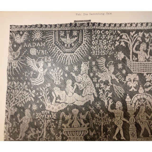 Italian design, 1596. Scenes showing Adam and Eve with angels and animals in a lace tapestry design printed in early 1900s...
