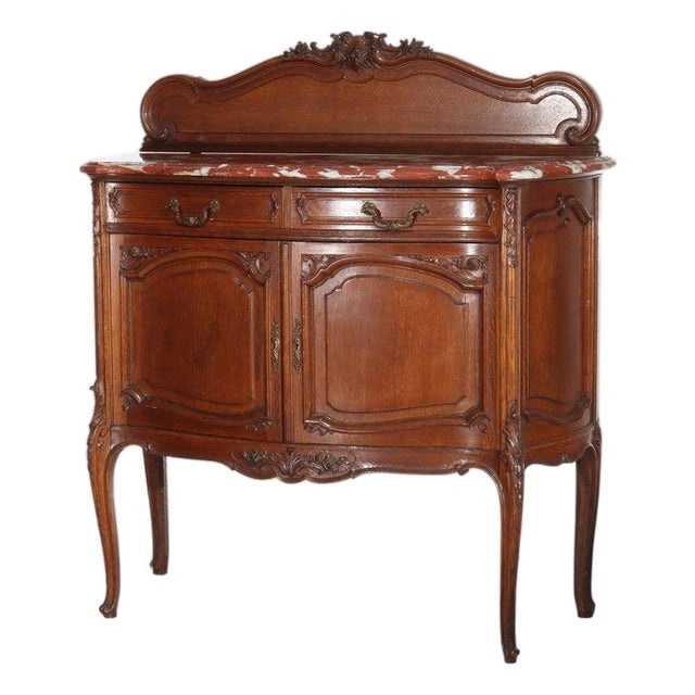 Antique French Oak Rouge Marble Top Server With Backsplash C1910 For Sale