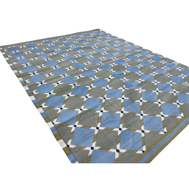 Handwoven Cotton Area Rug, Grey, Sky Blue, Green and Cream Geometric Dhurrie - 8'x10' For Sale - Image 10 of 13