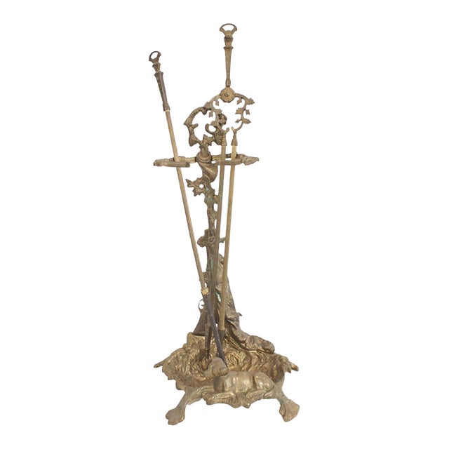 Late 19th-C. French Brass Hunting Themed Fireplace Tool Kit - 3 Pcs. For Sale