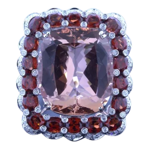 Massive 30.39 Carat Morganite Diamond Garnet 18k White Gold Cocktail Ring, Size 6.5