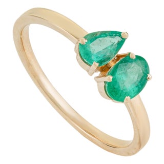 Oval & Pear Natural Emerald Toi Et Moi Ring in 14k Solid Yellow Gold Size 4 For Sale