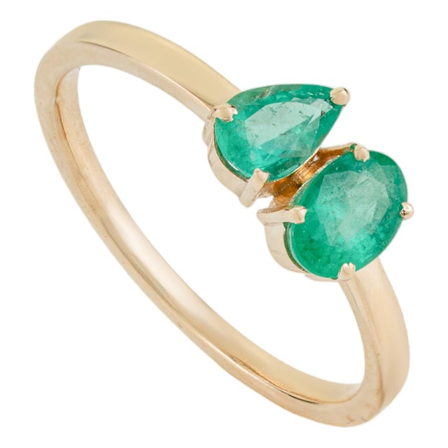 Oval & Pear Natural Emerald Toi Et Moi Ring in 14k Solid Yellow Gold Size 4 For Sale