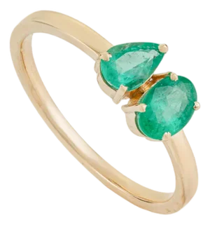 Oval & Pear Natural Emerald Toi Et Moi Ring in 14k Solid Yellow Gold Size 4