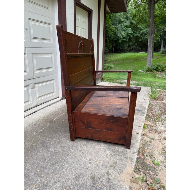 Brown Antique Victorian Eastlake High Back Box Settle Bench With Storage For Sale - Image 8 of 17