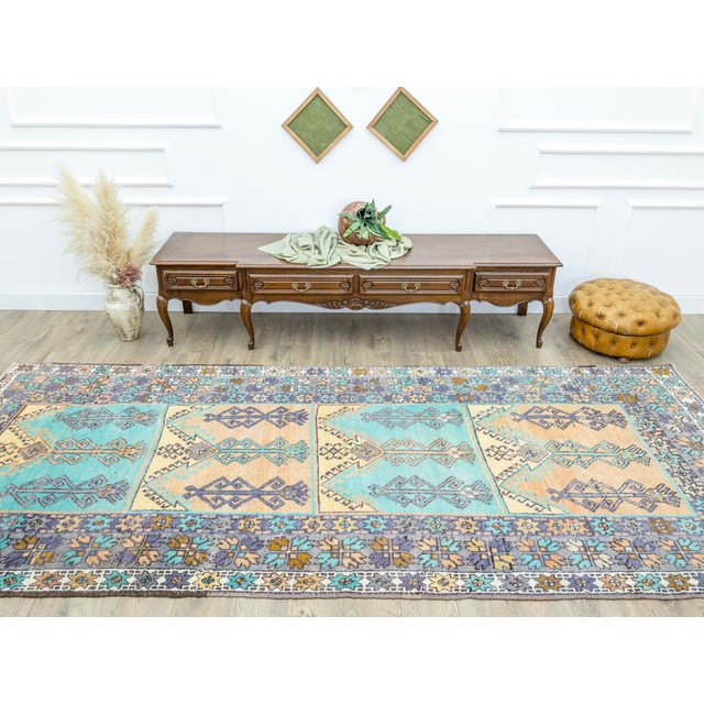 1970s Hand-Knotted Turkish Tribal Rug – Vintage-Style With Soft Turquoise & Apricot Tones 5x12 Ft Approx For Sale - Image 5 of 12
