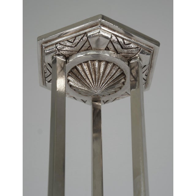 Metal Degue French Art Deco Multi-Light Chandelier 1930s - Frosted Glass & Nickeled Bronze For Sale - Image 7 of 14