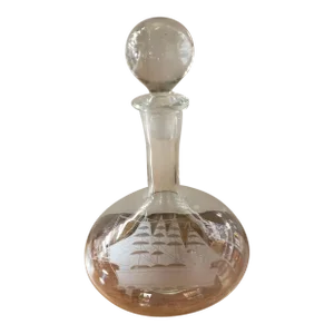 Vintage Etched Glass Clipper Ship Motif Decanter With Stopper