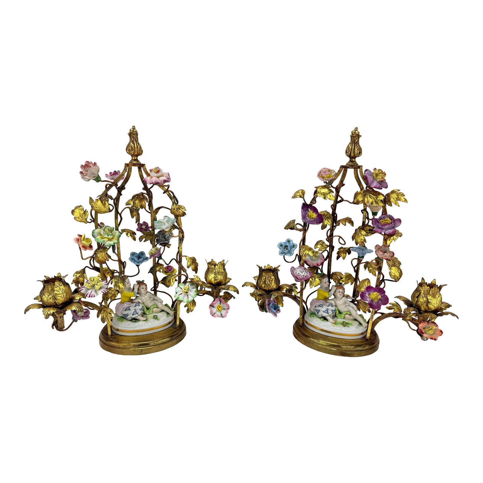 Pair, Antique French Rococo Bronze Vine & Porcelain Floral Candleabra ...