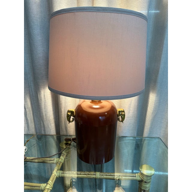 1970s Brass Elephants & Maroon Table Lamp For Sale - Image 5 of 5