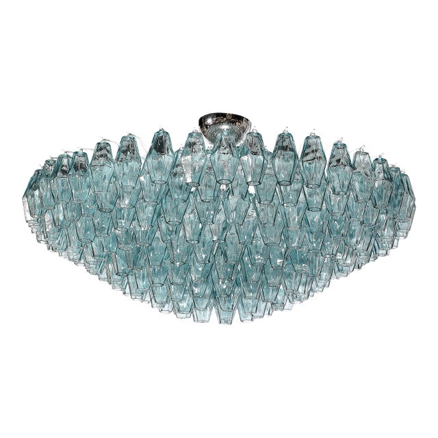 Modernist Hand-Blown Aquamarine Murano Glass Polyhedral Chandelier For Sale