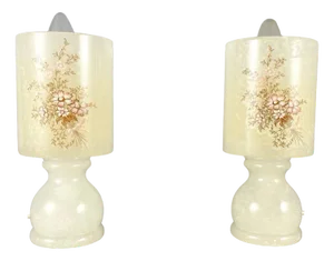 Vintage Marble Table Lamps with Shades, Set of 2