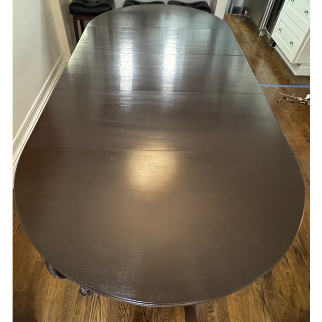 Wood Vintage Hand-Carved Mahogany Veneer Extension Dining Table - 40.5" Round to 88.5" For Sale - Image 7 of 11