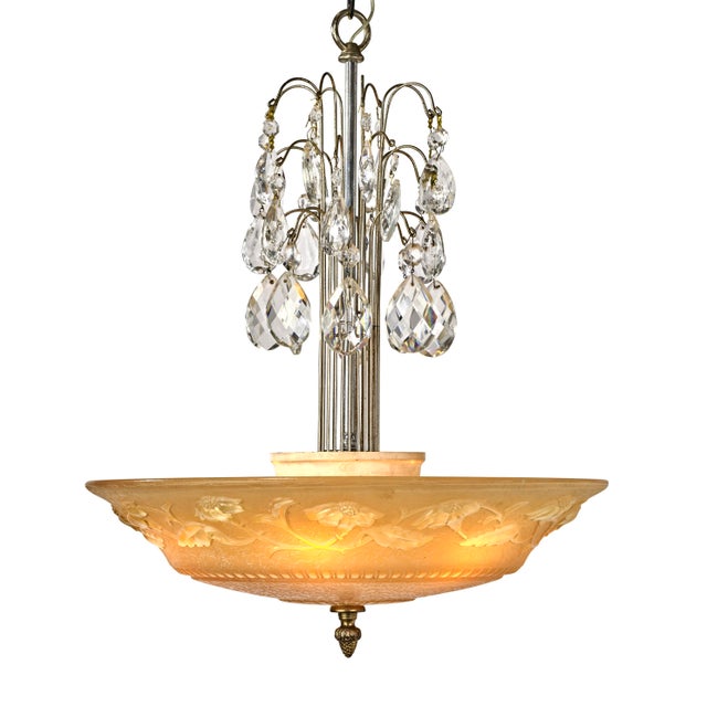 1930s Art Deco French Peach Glass Bowl Pendant Light Fixture