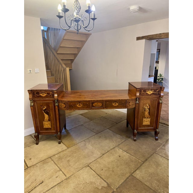Outstanding quality large George III mahogany & satinwood inlaid sideboard, having a large figured mahogany sideboard with...